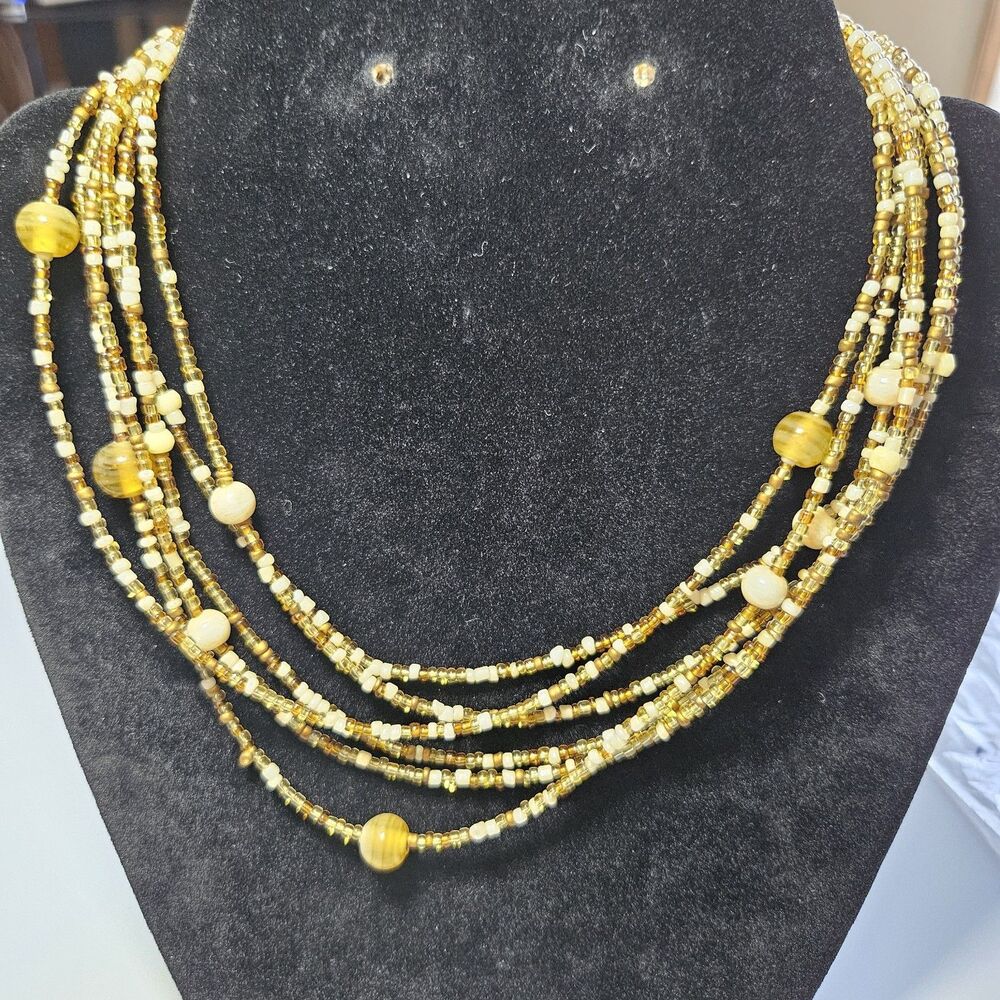 **Sale** Seed Bead Necklace Multi Strand Nature Tone Glass Bohemian 18-20.5"